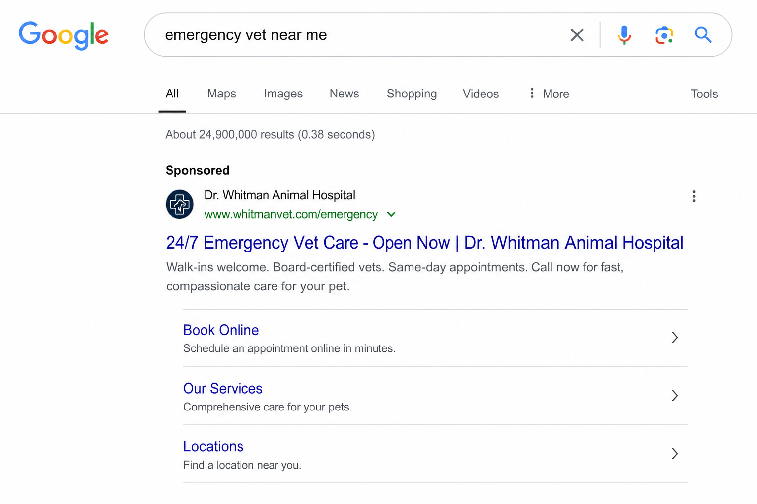 Example of an optimized Google Search Ad for an emergency veterinary clinic