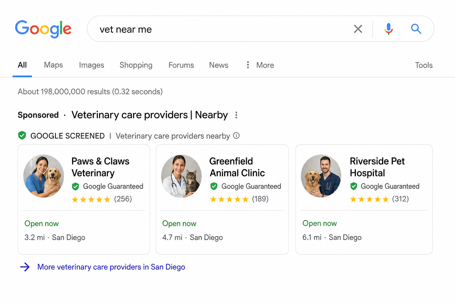 Example of Google Local Service Ads showing three veterinary clinics with Google Guaranteed badges